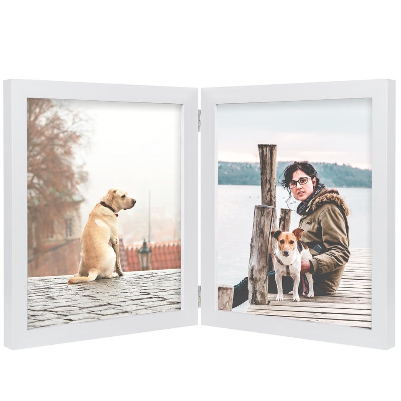 Forev 8x10 Double Picture Frame Wooden Hinged Photo Frame Definition Glass Stand Vertically on Desktop or Tabletop White - Image 1